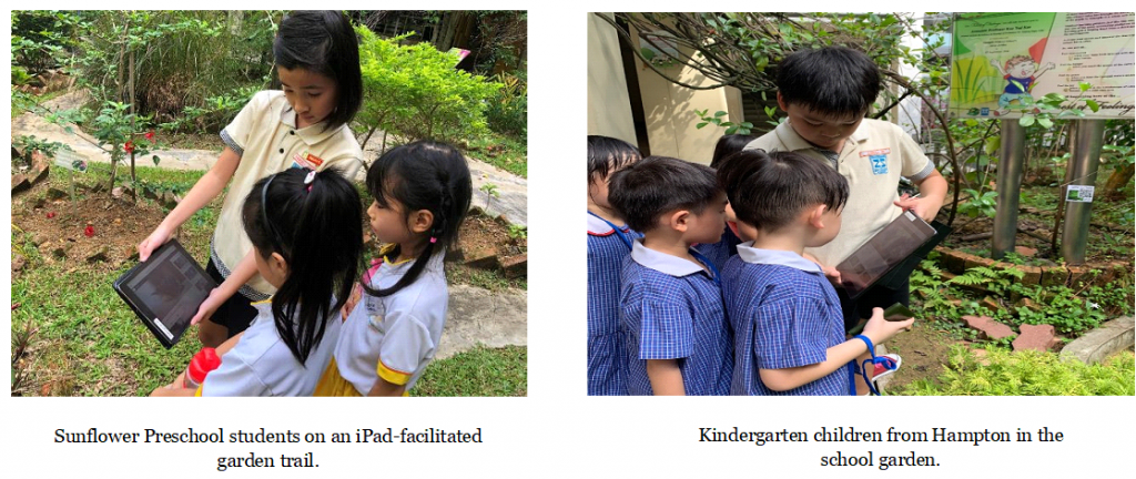 Two photos of young children in school uniforms using tablets outdoors in green garden settings.